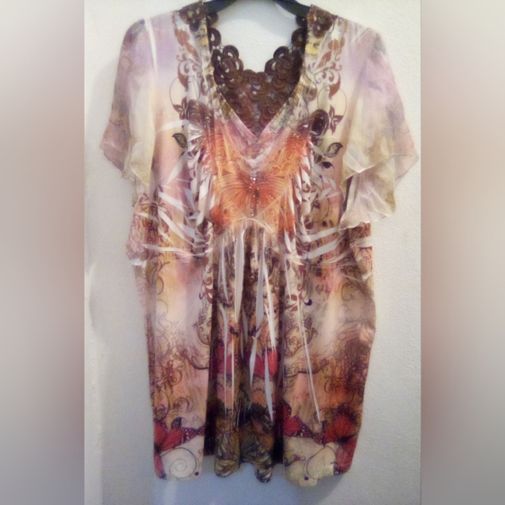 Live and Let Live Buterfly Crochet Lace Rhinestones Bohemian Blouse Size 3X